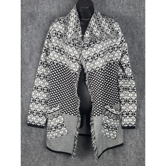 Jillian Nicole Medium Open Front Fringe Trim Cardigan Black White Geometric Work - Picture 1 of 8